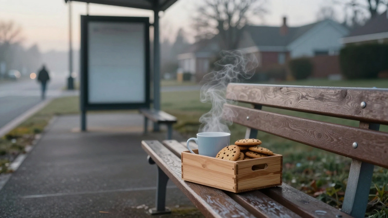 A box of warm drinks and cookies sits quietly at a bus stop at dawn, no branding, just quiet community care.