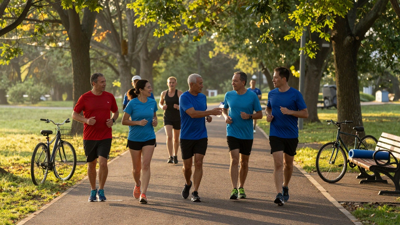A group of adults jogging together at sunrise in a park, sharing water and conversation.