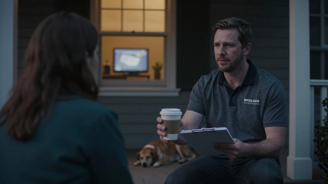 A housing worker offers coffee to a hesitant tenant on a quiet porch at dusk.