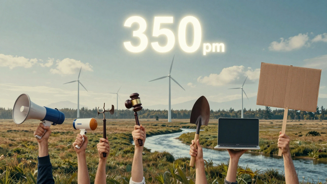 A network of hands across America uniting to protect the environment, with a glowing 350 ppm carbon target above.