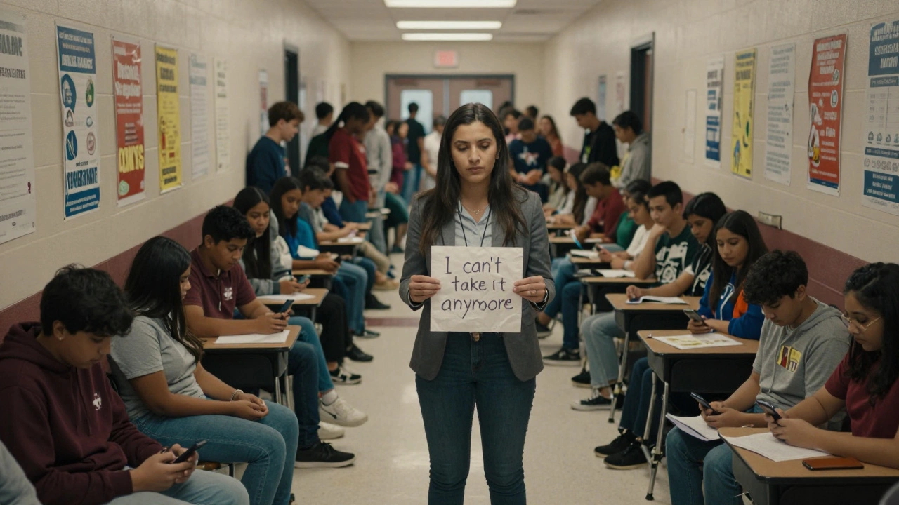 A overwhelmed school counselor surrounded by many students in a crowded Texas hallway.