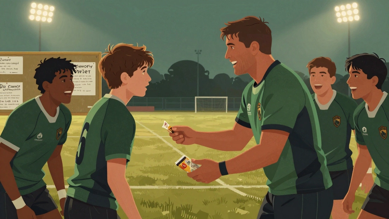 A rugby coach offers a snack to a teen after practice, building trust in a relaxed, informal setting.