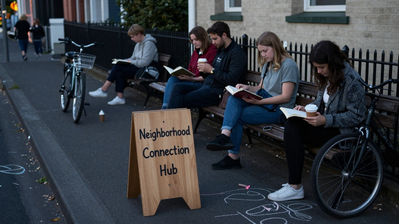 A simple wooden sign beside a bench on a quiet street, with people sitting and sharing coffee at dusk.