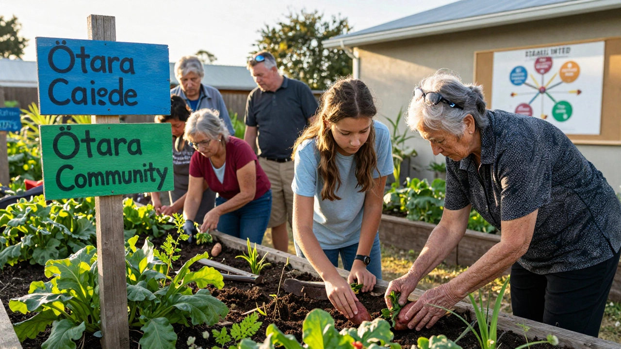A teen leads residents in planting vegetables while an elder teaches harvesting in a community garden.