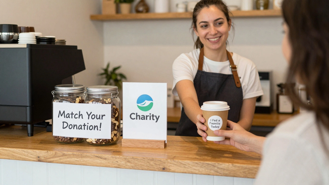 Café donation jar with matching donation sign and customer receiving a themed coffee
