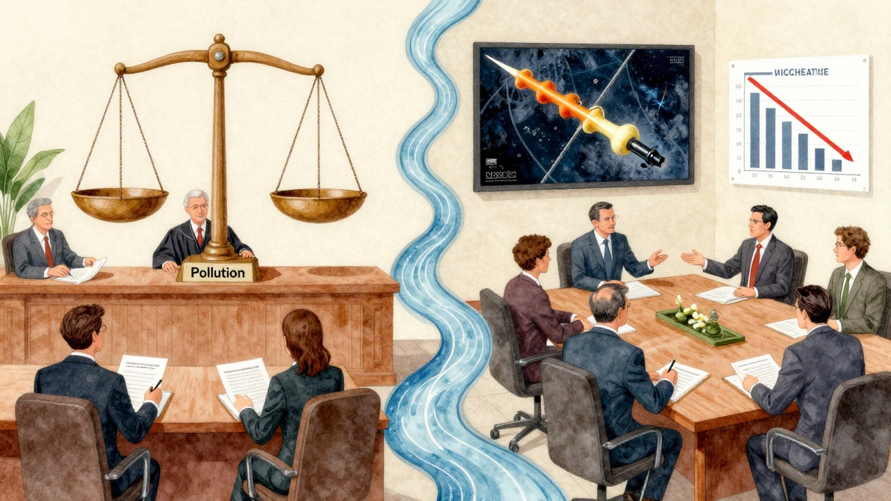 Contrasting scenes of courtroom litigation and corporate collaboration for environmental policy.