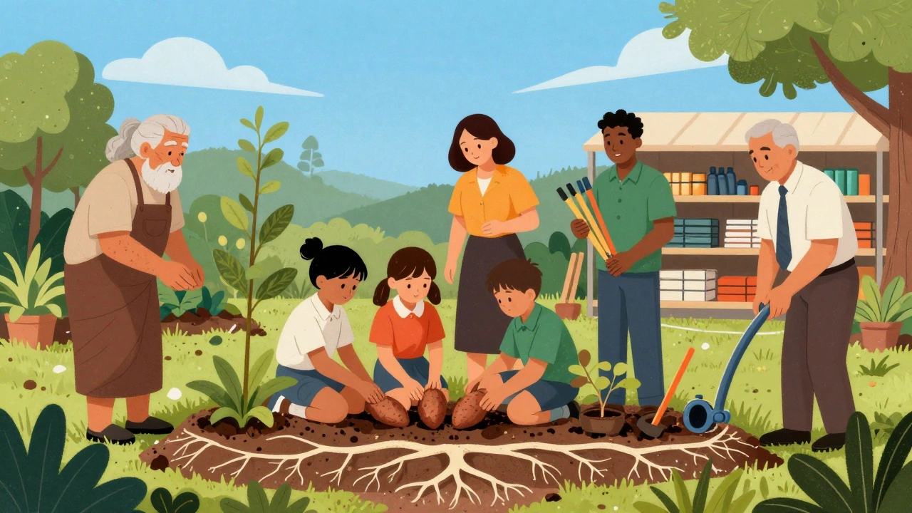 Diverse community members work together in a garden, sharing knowledge and tools under open skies.