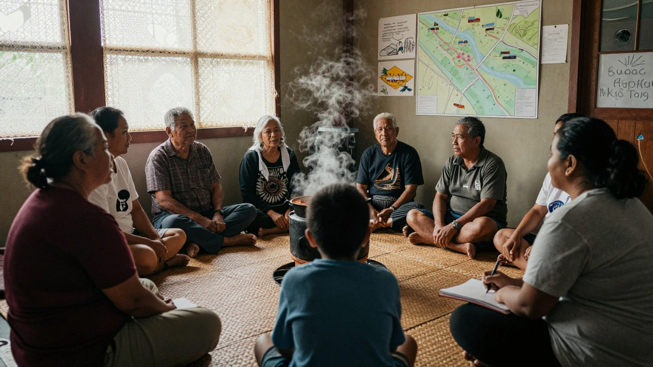 Elders and youth sitting in a circle in a community center, sharing stories beside a steaming hāngī pot.