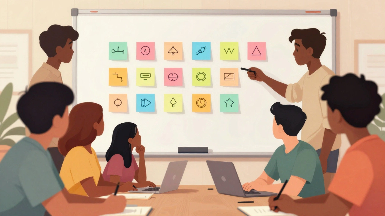 Students brainstorming with colored sticky notes on whiteboard.