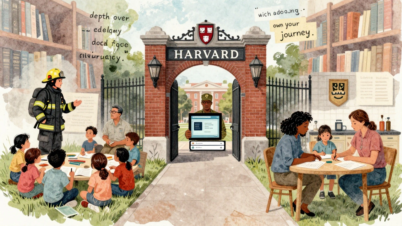 Three different life paths—firefighter, veteran, caregiver—each leading to a Harvard gate, symbolizing non-traditional journeys to admission.