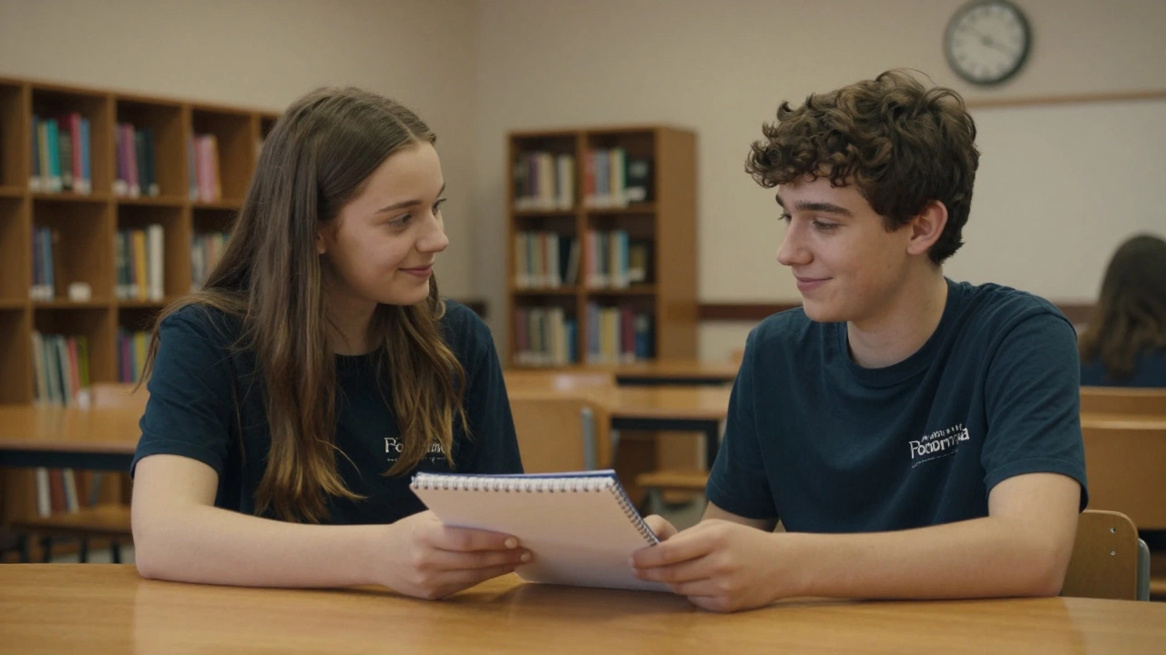 Two volunteers and a teen sitting quietly at a table, sharing a moment of trust.