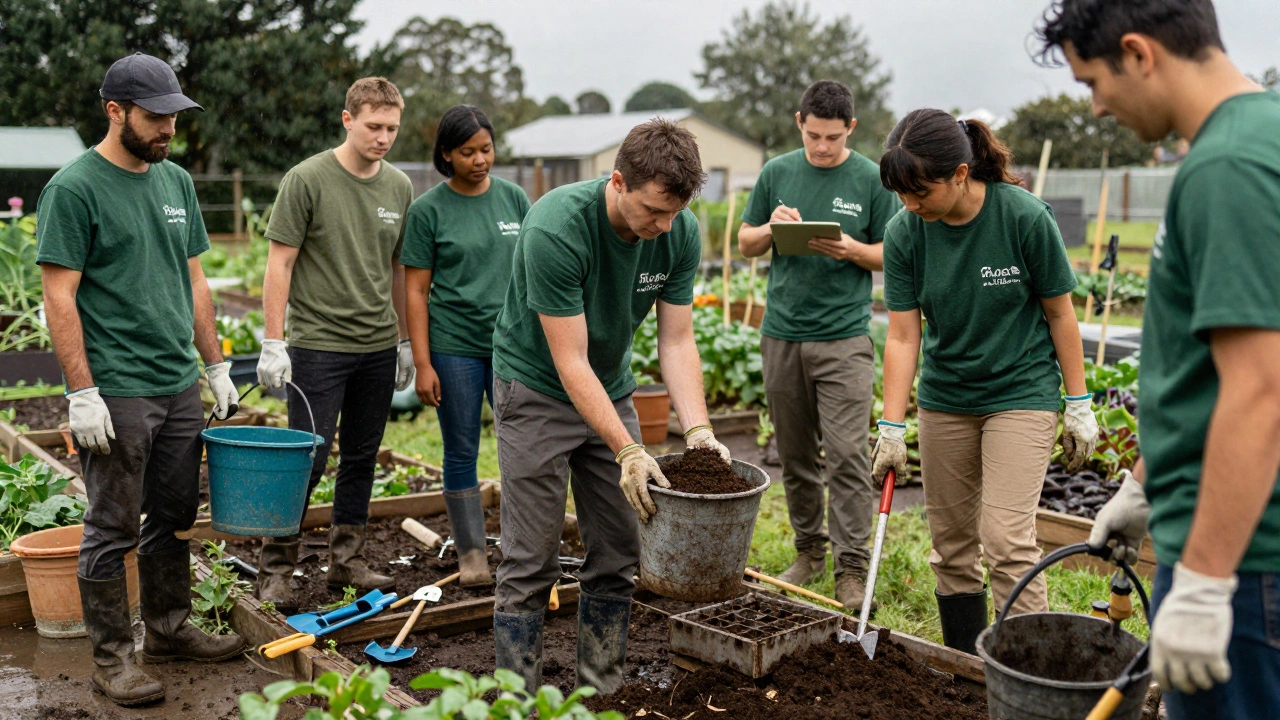 Volunteers improvising with buckets in a rainy community garden, working together calmly.