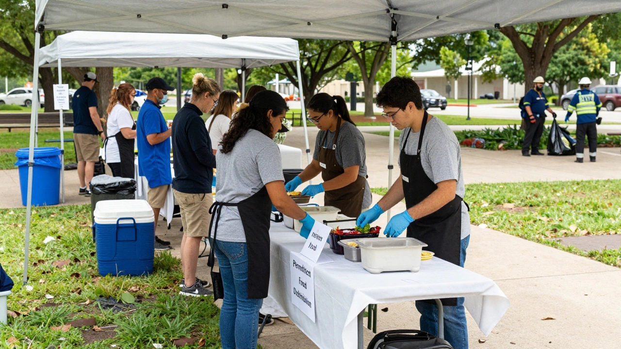 Volunteers serving meals at a permitted food distribution site in a Houston park.