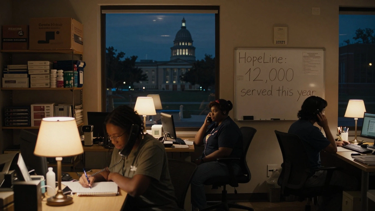 Volunteers working late in a small Texas nonprofit office supporting mental health calls.