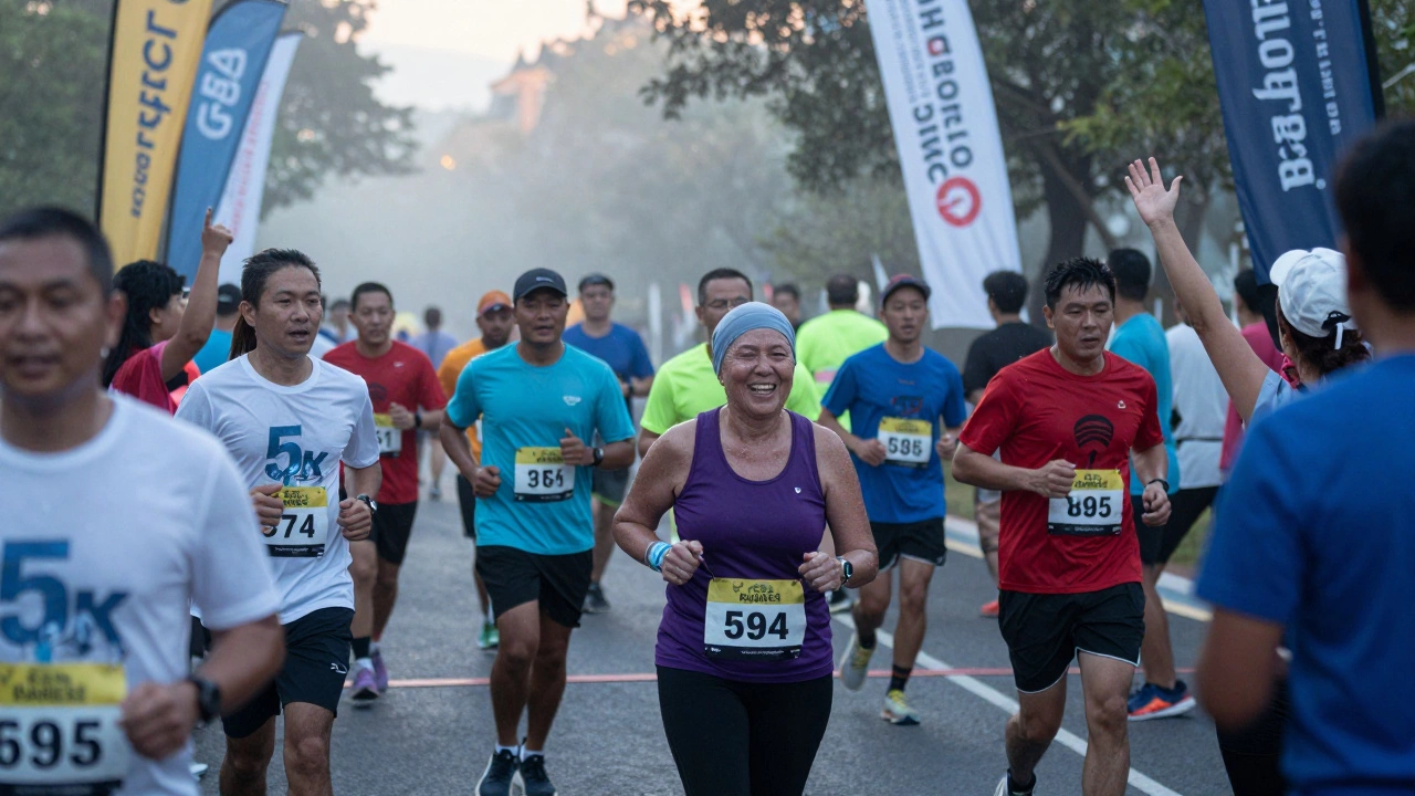 A cancer survivor crossing the finish line of a charity run, cheered on by a crowd of supporters.