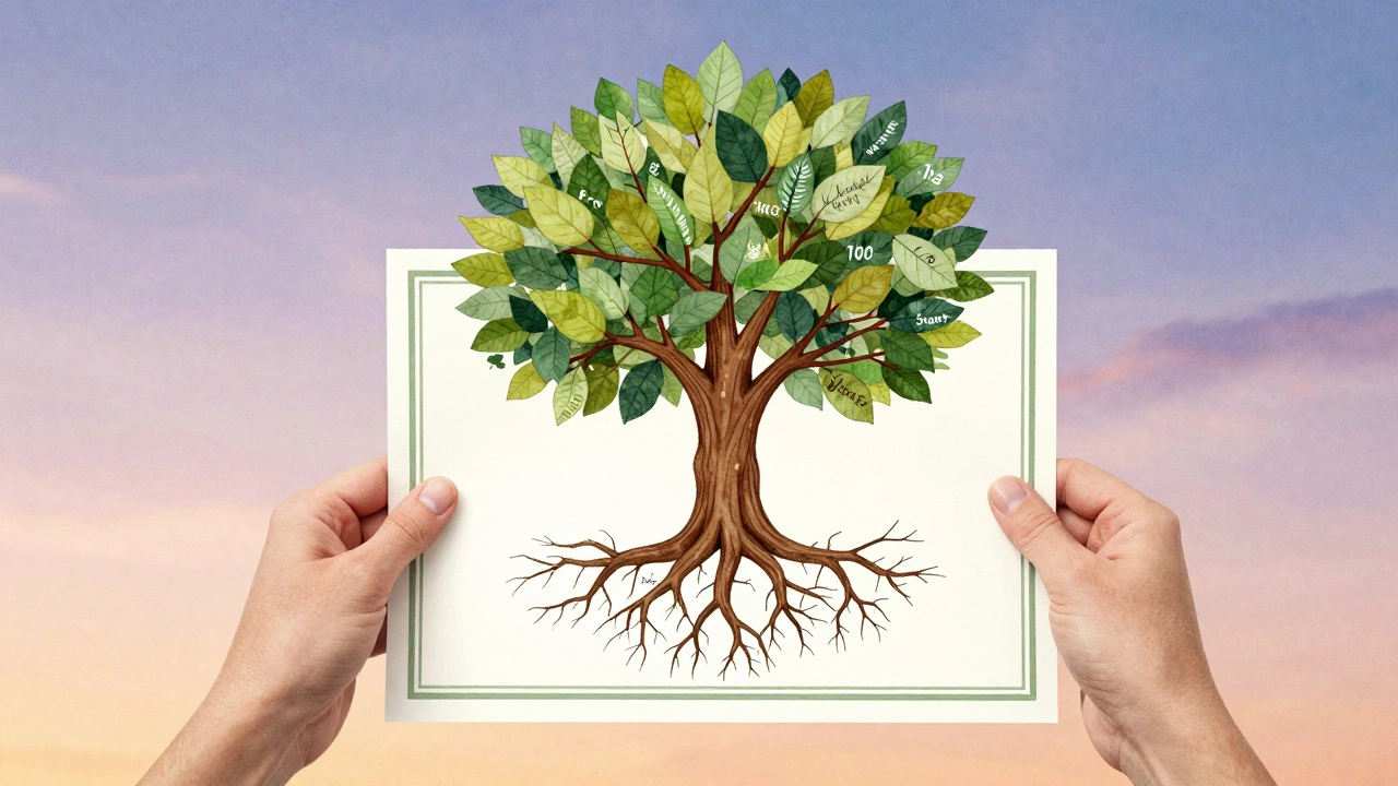 A certificate transforms into a tree with roots of names and leaves marked by volunteer milestones.