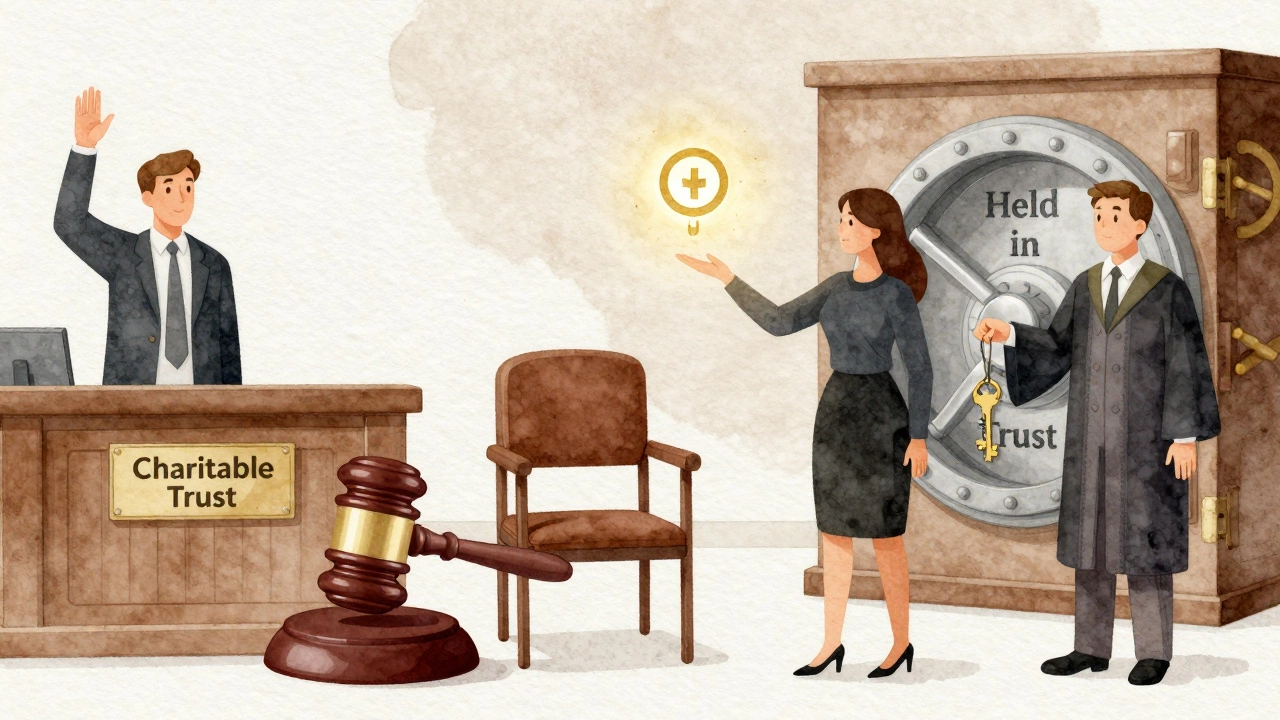 A courtroom scene with a trust deed on an empty chair, donor, charity, and trustee each separated from the assets.