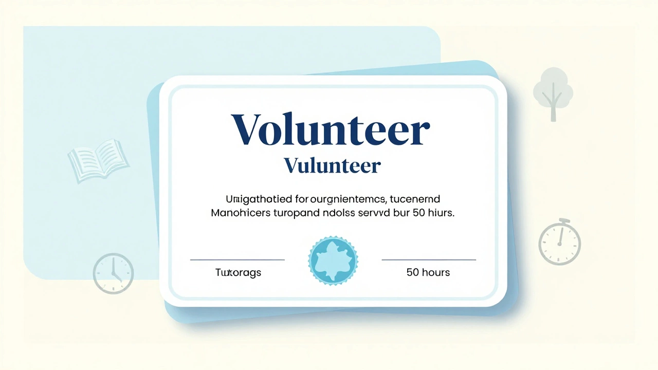 A digital volunteer certificate with icons representing tutoring, environmental work, and time donated.