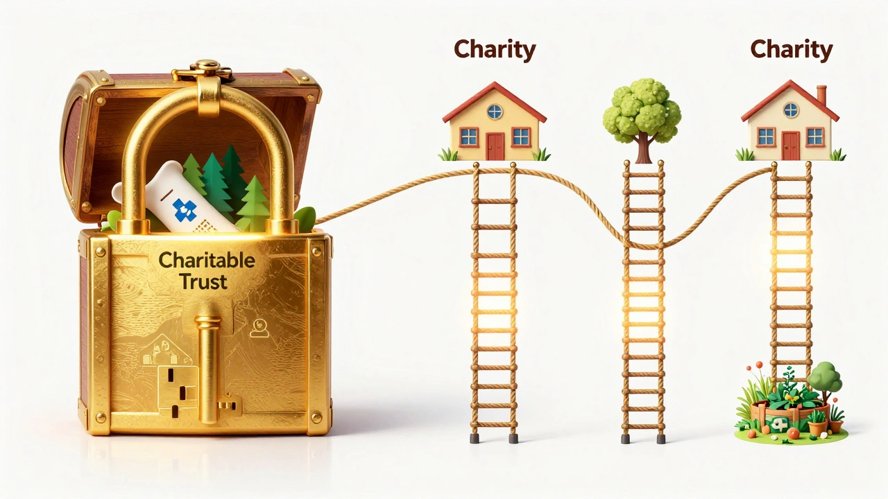 A golden key locking a chest with symbols of scholarship, forest, and clinic, beside a flexible ladder showing changing scenes.