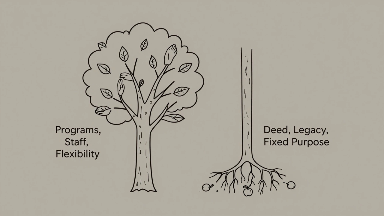 A tree with two trunks: one with hands giving aid, the other with grant checks falling, symbolizing direct vs indirect charity.