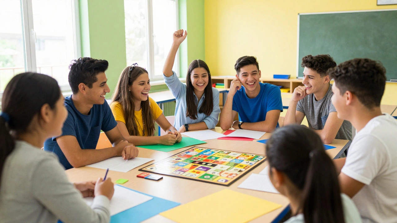 Diverse group of students laughing and socializing during a club meeting.