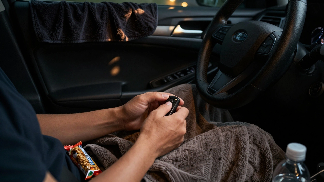 Hands holding car keys, thermal blanket under legs, water bottle and snack on seat, blackout curtain taped to windshield.