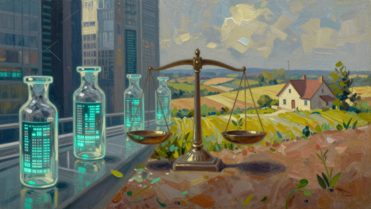 Painting showing farmland and digital assets balanced on scales.