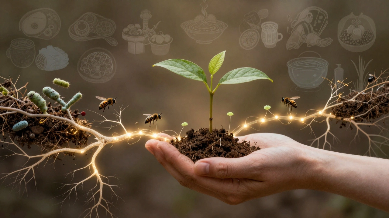 Roots and microbes forming a glowing network beneath a planted sapling, representing supporting services.