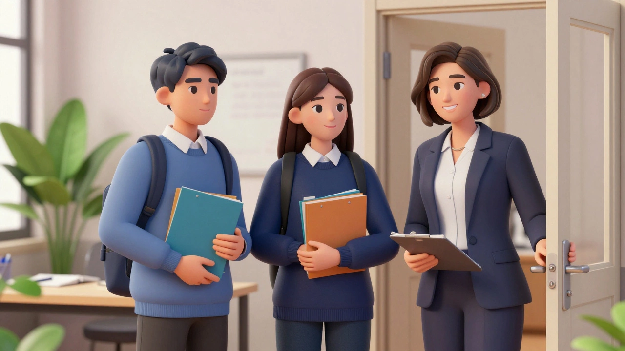 Student leaders consulting with a teacher advisor in an office.