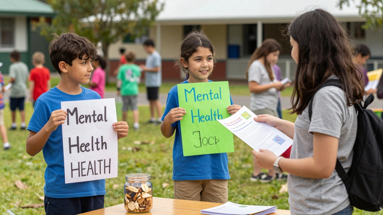 Students at a school event sharing mental health awareness posters with families in a sunny yard.