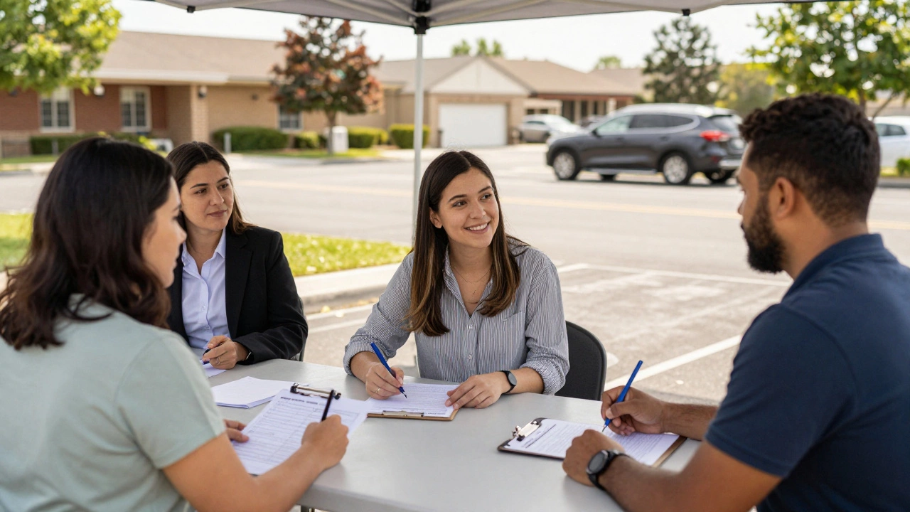 Three local service providers at a monthly resource fair helping residents sign up for support.