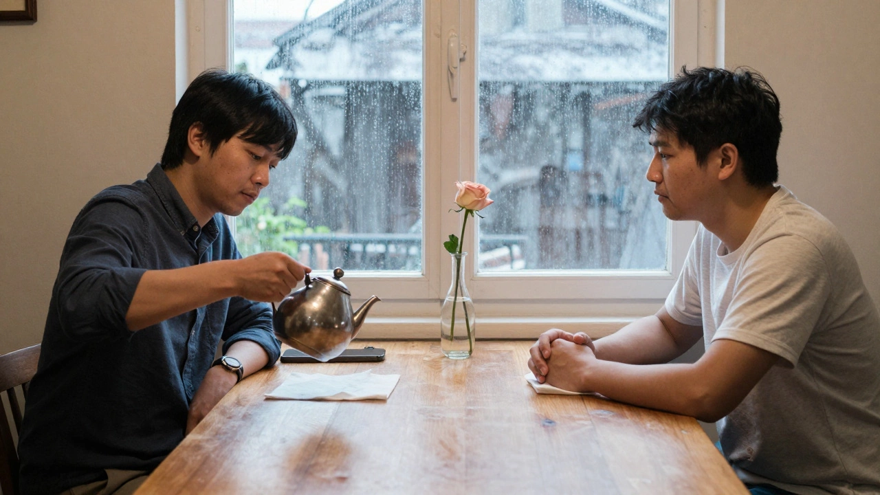 Two members sharing a quiet tea at a wooden table, no conversation, only calm presence.
