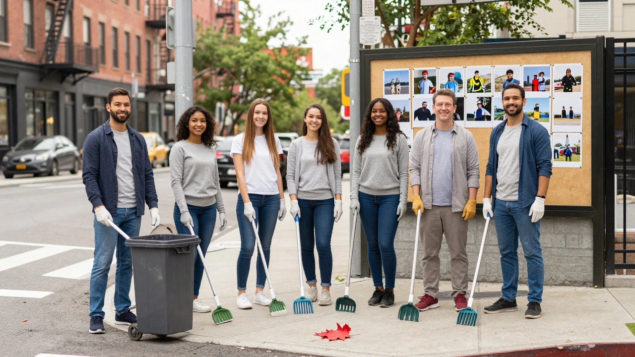 Volunteers cleaning a city block corner with before-and-after photos on a bulletin board.