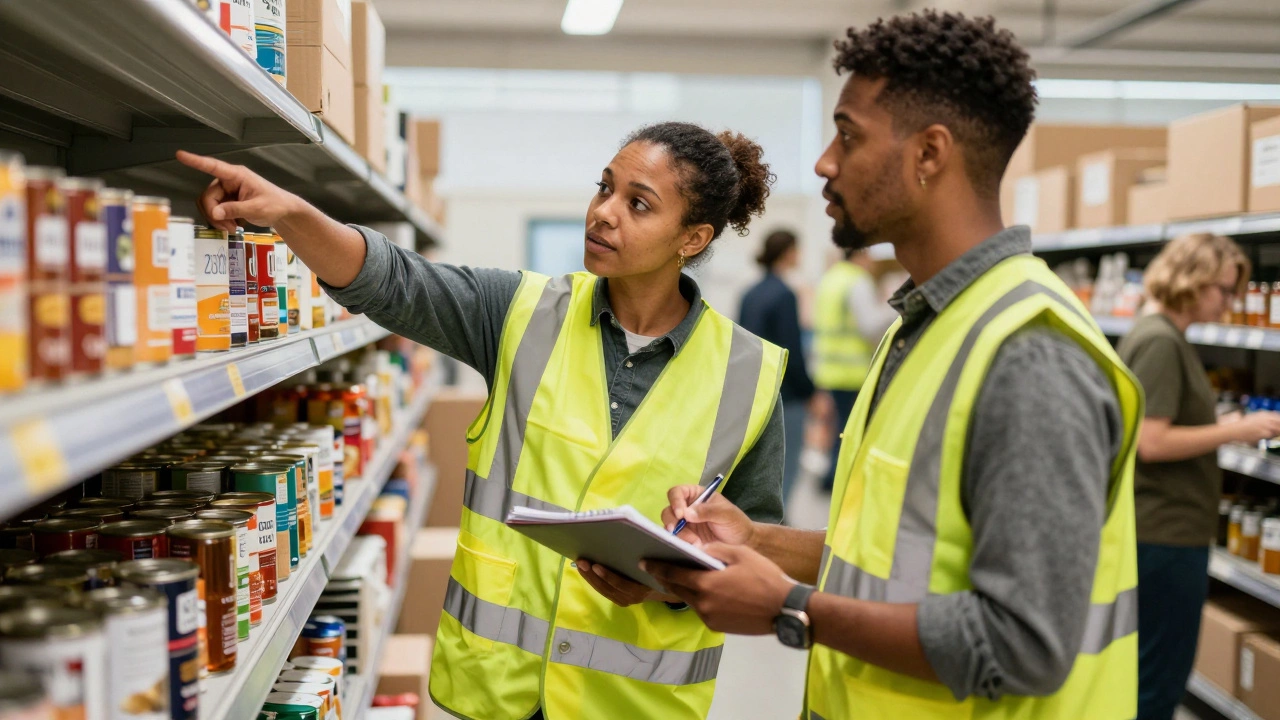 A new volunteer in a safety vest taking notes while being trained at a food bank.