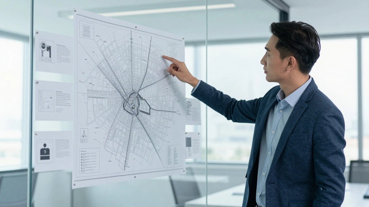 A professional civic leader reviewing city maps and strategic plans in a modern office.