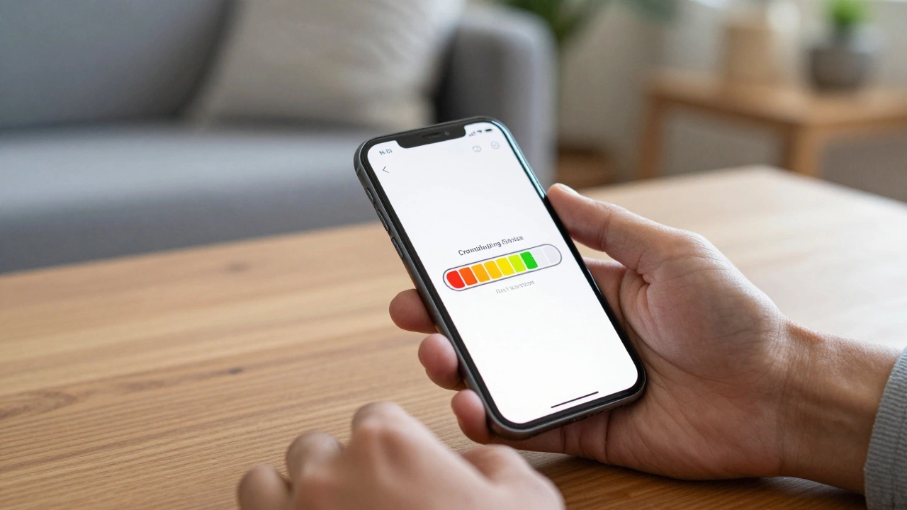 A smartphone showing a nearly complete crowdfunding progress bar in a home setting.