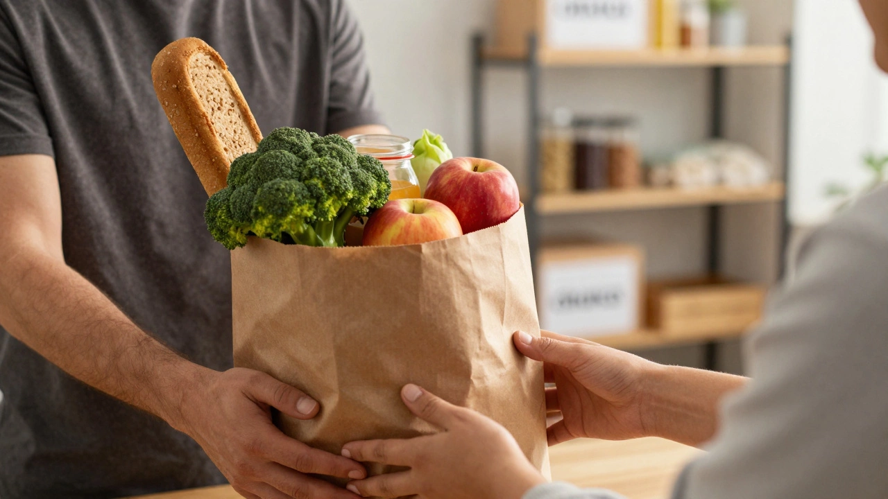 Close-up of a volunteer handing a bag of fresh produce and groceries to a person in need.