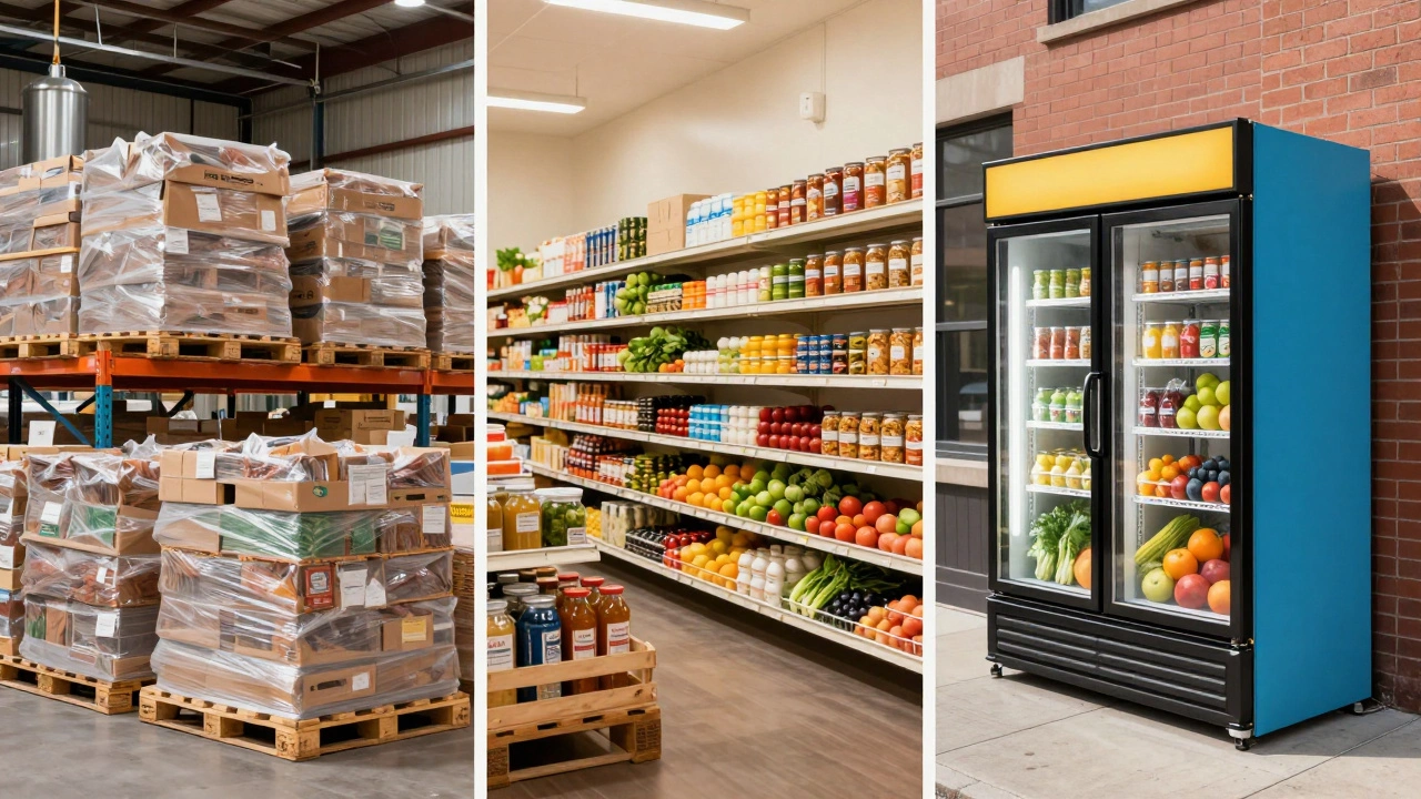 Comparison of a large food bank warehouse, a neighborhood food pantry, and a community fridge.
