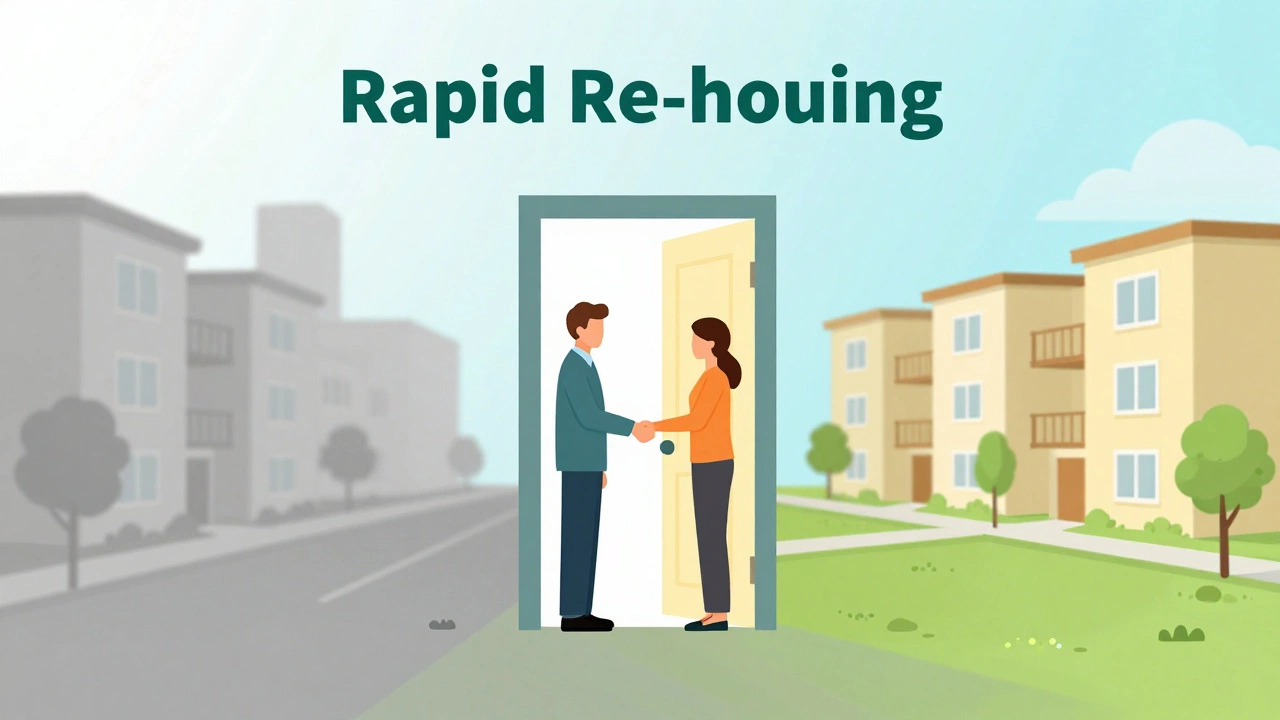 Conceptual art showing the transition from homelessness to a permanent apartment via case management.