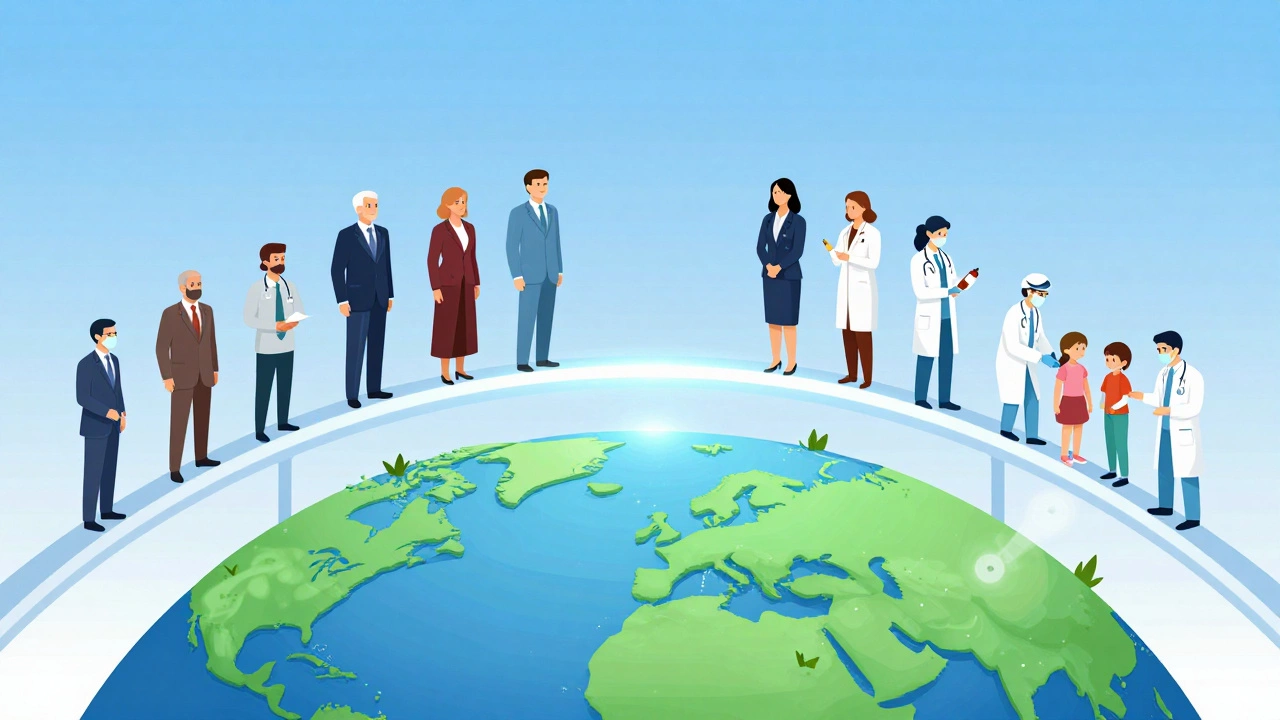 Conceptual illustration of an institutional bridge leading to global healthcare support.