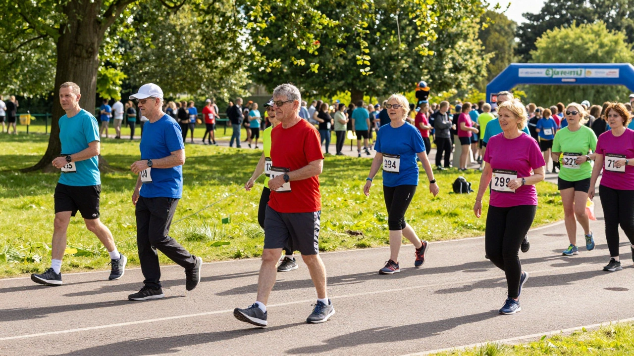 Diverse group of people participating in a sunny outdoor charity walkathon in a park