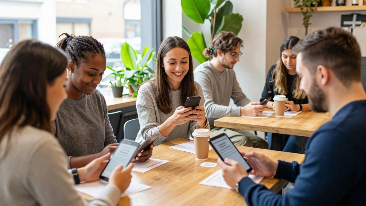 Diverse people engaging in micro-volunteering and a low-stakes community event.