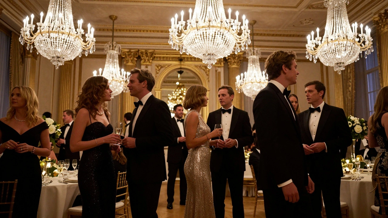 Elegant guests in formal attire attending a high-end charity gala in a grand ballroom