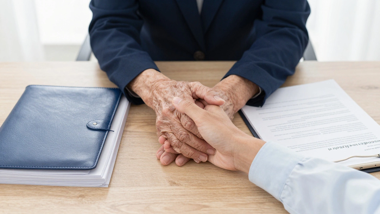 Hands of a young adult and senior clasped near a formal care agreement document.