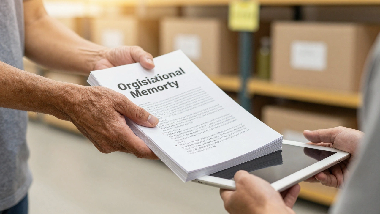 Hands passing a training manual to ensure the transfer of institutional knowledge