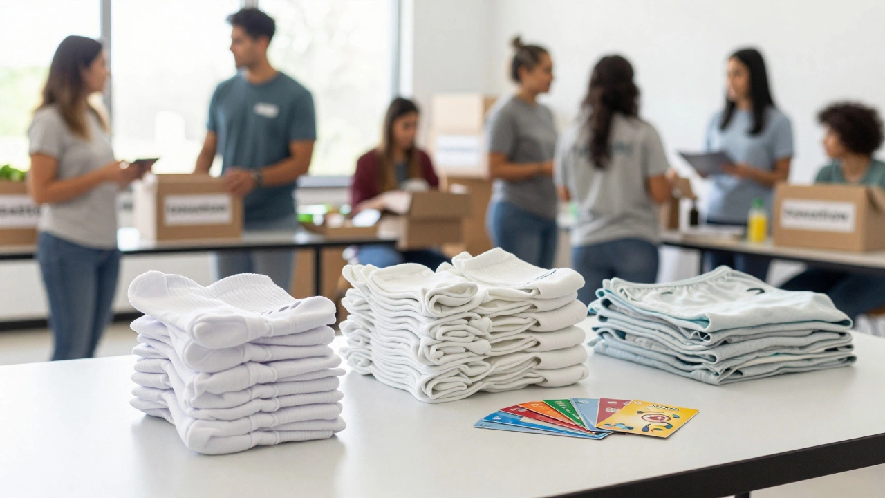 New socks, underwear, and grocery gift cards on a donation table at a community outreach center.