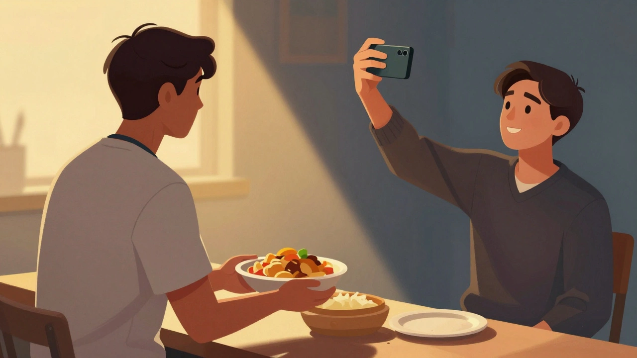 Split image contrasting a humble volunteer helping someone with a person taking a selfie.