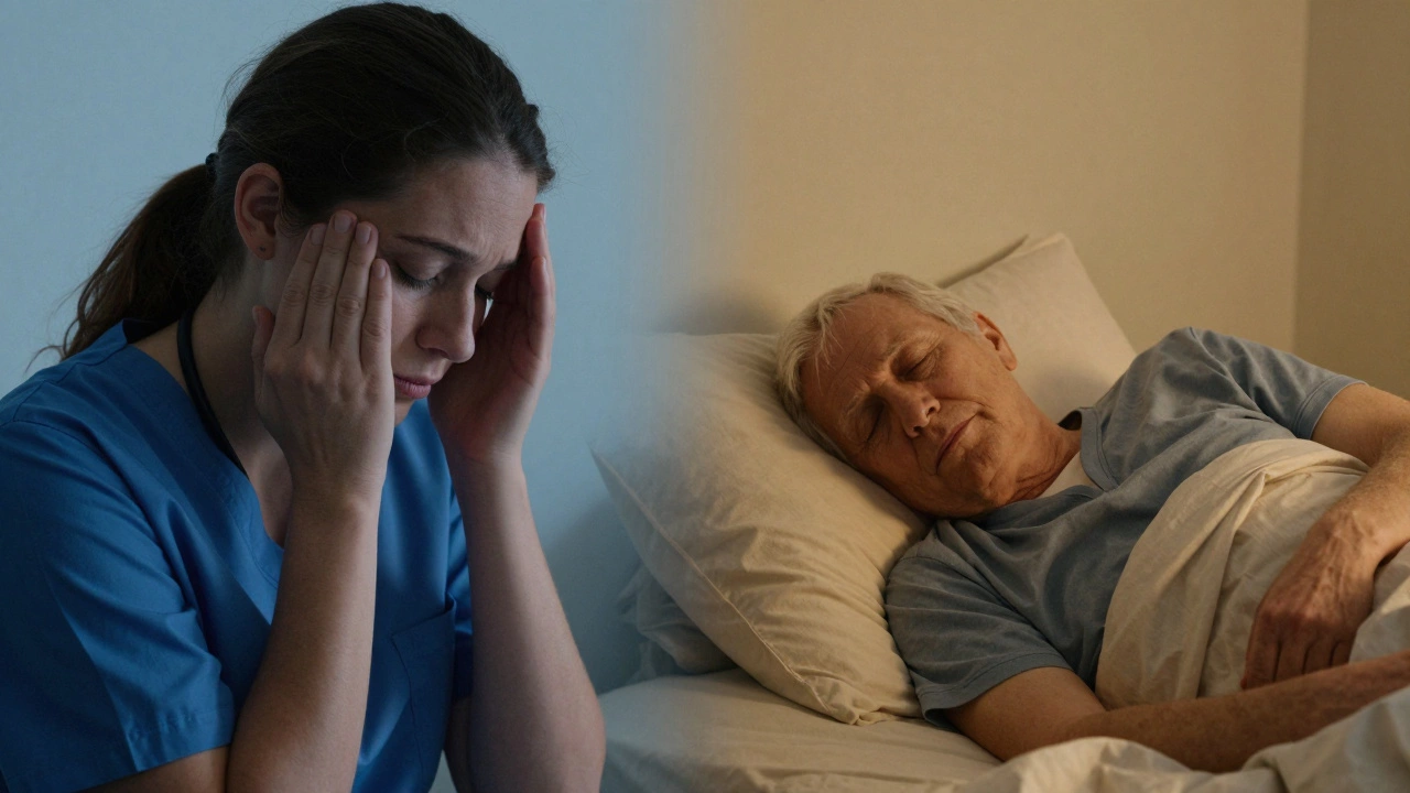 Split screen showing a tired but determined caregiver and a peaceful elderly parent.