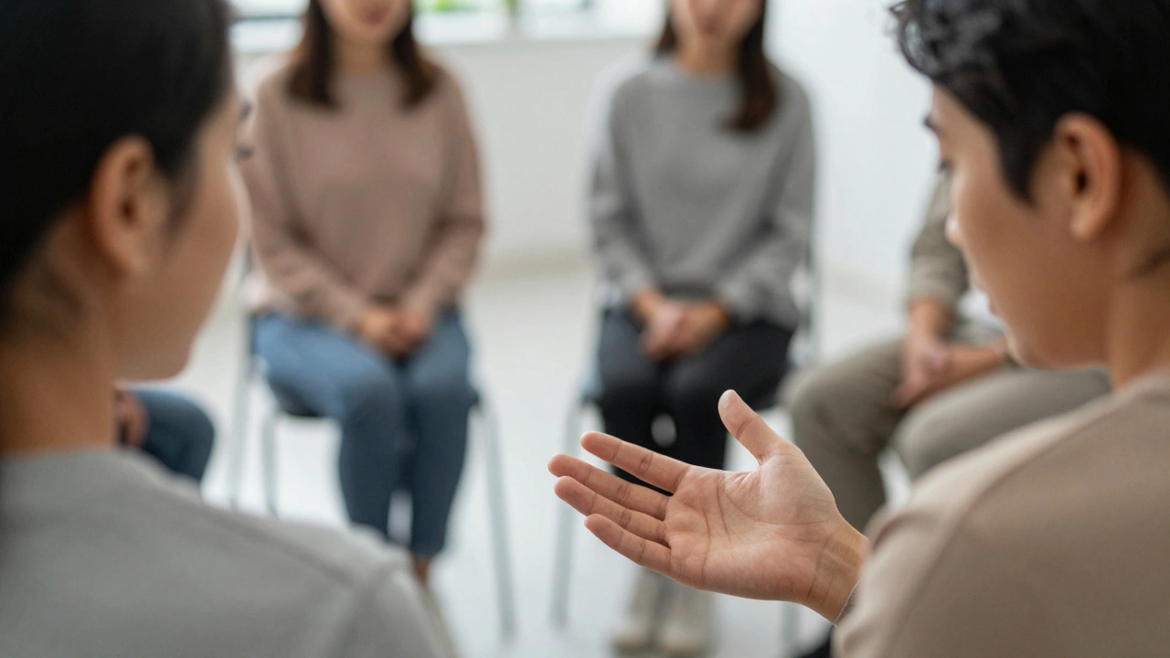 Close-up of two people sharing a moment of trust and listening in a support group.