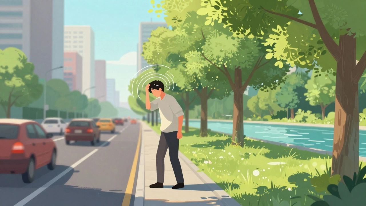 Contrast between noisy city stress and peaceful green park sanctuary for mental well-being.